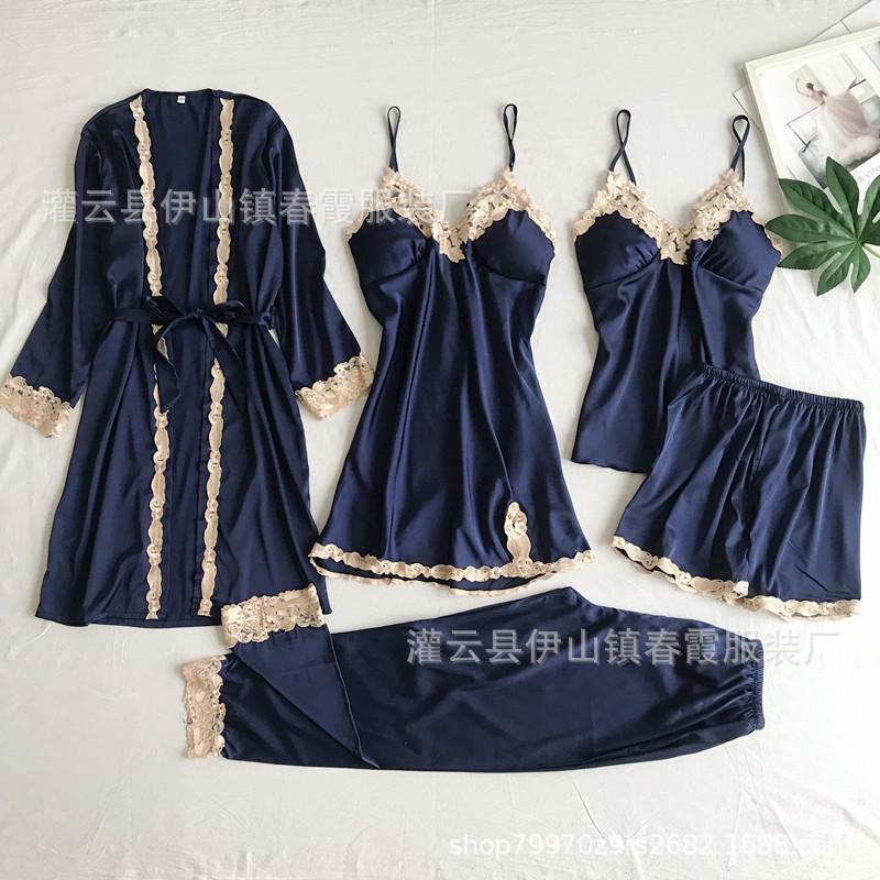 Non-elastic satin simulation silk pajamas, sex underwear, five-piece set of suspenders, sexy women's loungewear