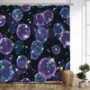 1Pc Cosmic Bubbles Bath Curtain - Whimsical Space Theme With Glowing Blue Purple Yellow Orbs & Twinkling Starry Night Sky Design