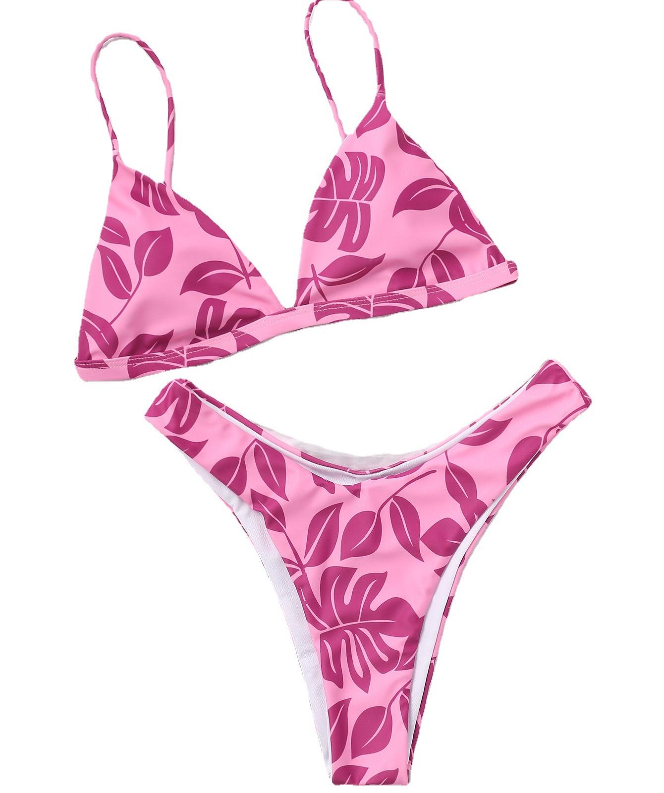 

Женский купальник с розово-красным принтом в виде листьев, треугольная чашка, высокая талия, сексуальное бикини L ярко-розовый