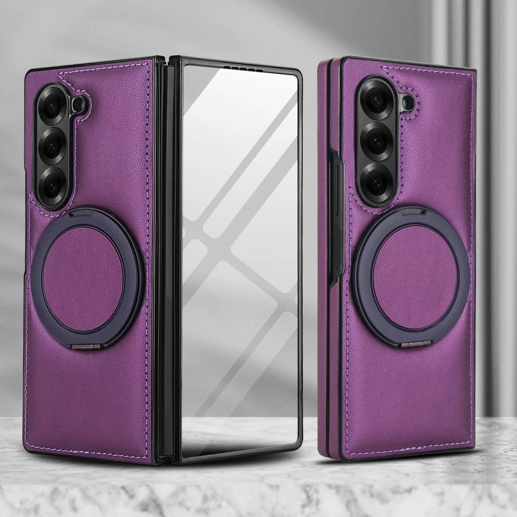 PU Leather Cases for Samsung Galaxy Z Fold 7/6/5/4/3 Built-in Screen Protector Cover Magnetic 360 Rotatable Ring Stand Holder