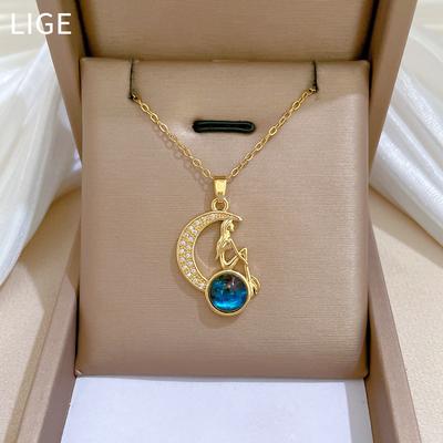 Star Moon Queen Zircon Light Luxury Temperament Gorgeous Full Diamond Necklace Female Versatile Clavicle Chain Titanium Steel Chain