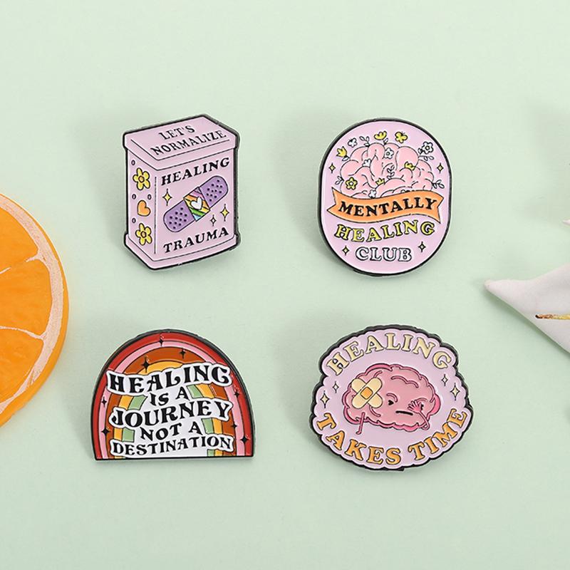 Inspirierende Zitate für psychische Gesundheit Emaille-Pins Mentally Healing Club Heilung braucht Zeit Lustige Gehirn-Pflaster Abzeichen Schmuck Geschenke