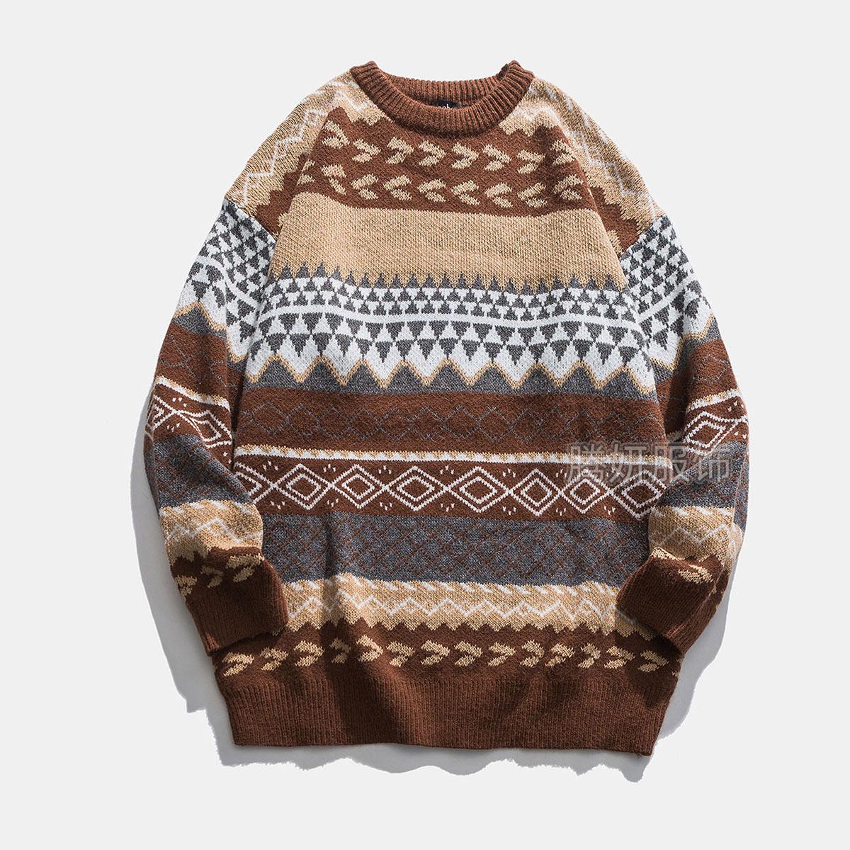 2026 Unisex Locker geschnittener Jacquard-Strickpullover mit Rundhalsausschnitt Small braun