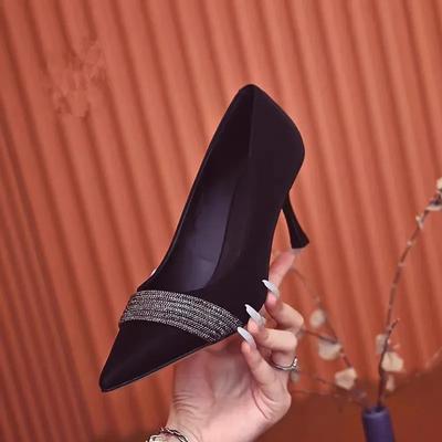 Fashion Spring/Summer Pointed Shallow Mouth Suede Water Diamond Single Shoes Thin High Heels Banquet Dress Large and Small Women's Shoes