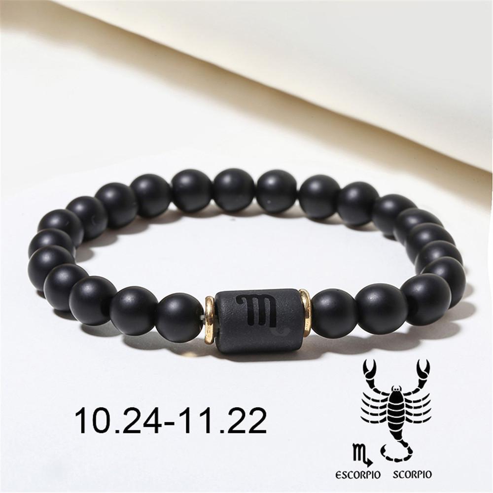 Black Matte Agate Beaded Bracelet with Zodiac Signs - Elastic Buddhist Couple Design
