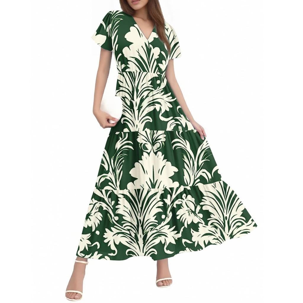 Damen Sommer Casual Mode V-Ausschnitt Rüschenärmel Blumendruck Midi-Kleid