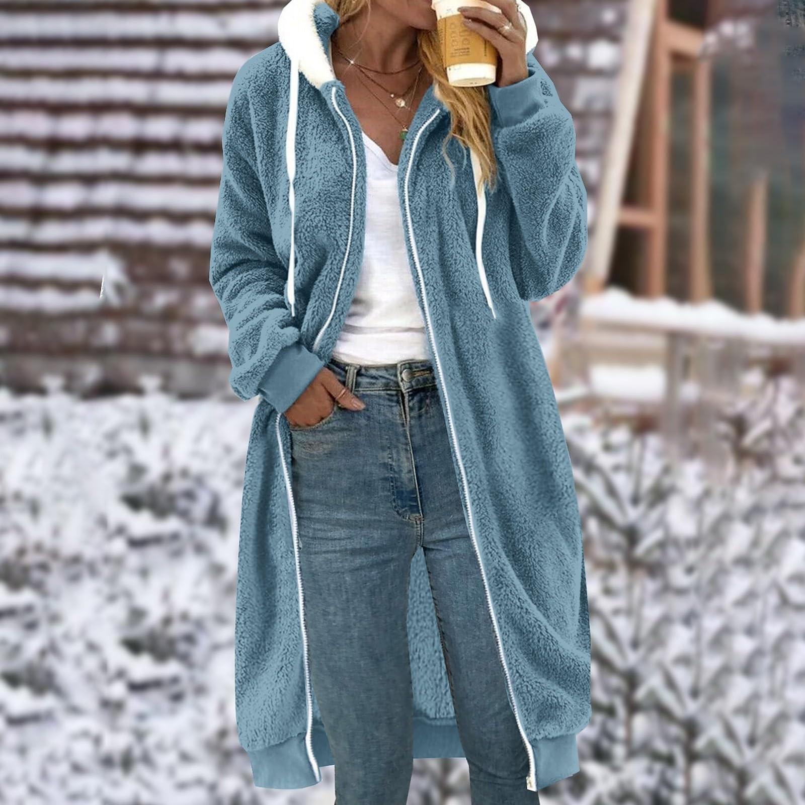 

Женское однотонное двустороннее плюшевое пальто средней длины с капюшоном и карманами XXL