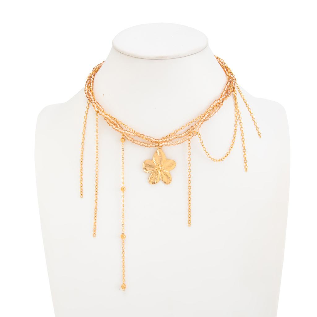 European and American Fashion Metal Flower Pendant Tassel Necklace for Women Sweet Cool Ins Rice Beads Wrapped Around Clavicle Chain