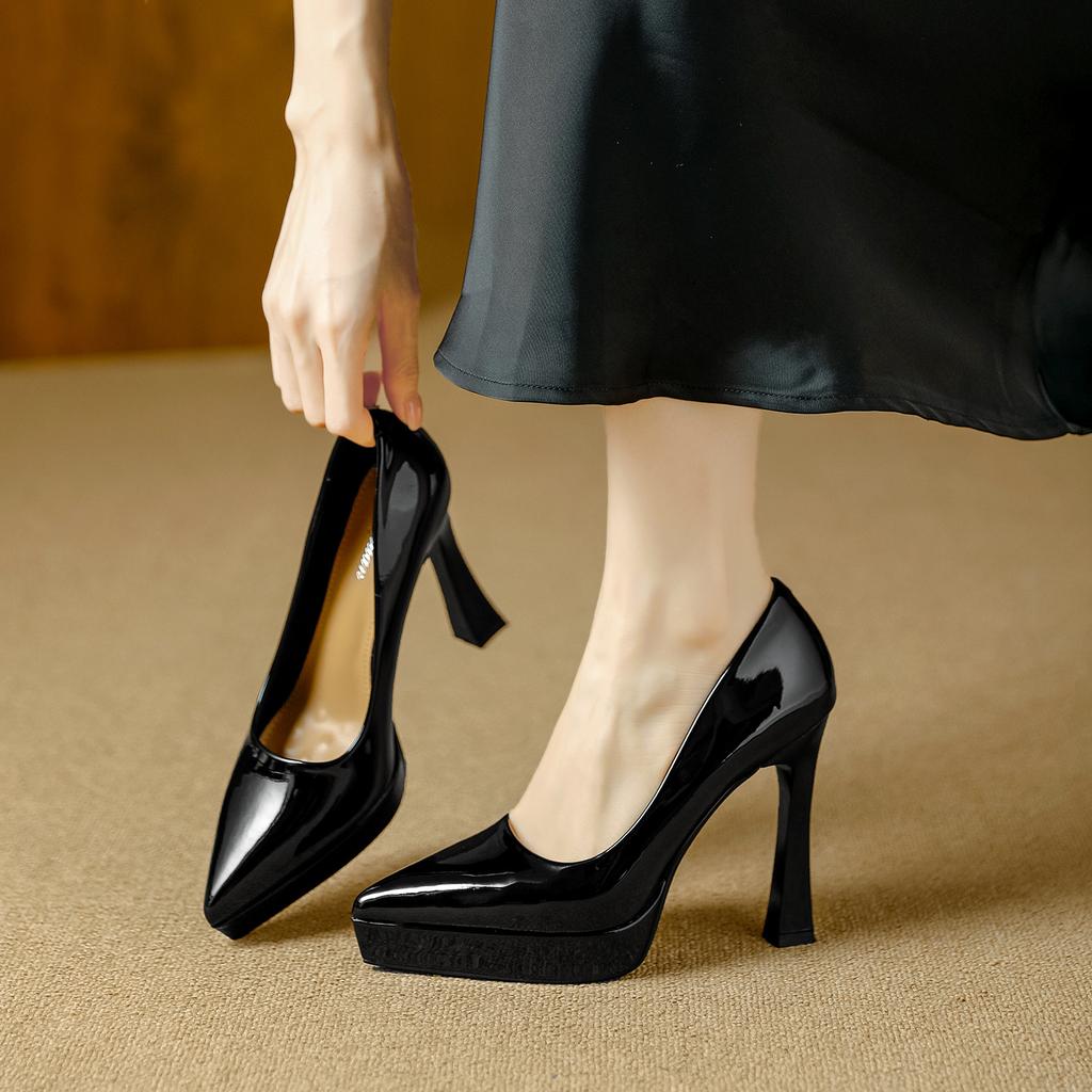 Waterproof Table Is Not Tired of Feet, Super High Heels 2026 Spring Temperament Pointed Head Thin Heel Patent Leather Sexy Shallow Mouth Single Shoes