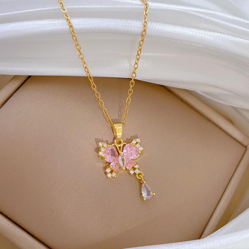 ZAKOL 1pcs Pink Zircon Butterfly Water Drop Pendant Necklace for Women Girls Sparkling Crystal Exquisite Birthday Zircon Gift розовый