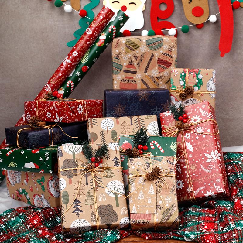50x70cm Christmas Gift Kraft Wrapping Paper Tissue Paper Santa Claus Xmas Tree Pattern Flower Bouquet Packaging Xmas Party Decor