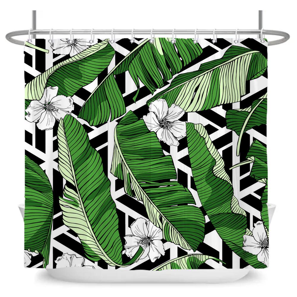 Green Leaf Plant Simple Nordic Printing Bathroom Shower Curtain Polyester Waterproof Home Decoration Curtain with 12 Hooks