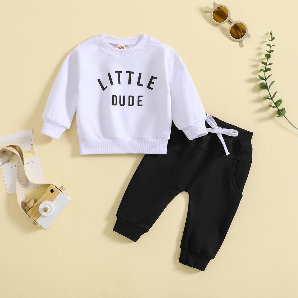 Toddler Letter Print Round Neck Top & Solid Color Long Pants Two-Piece Set, Multi-Color.