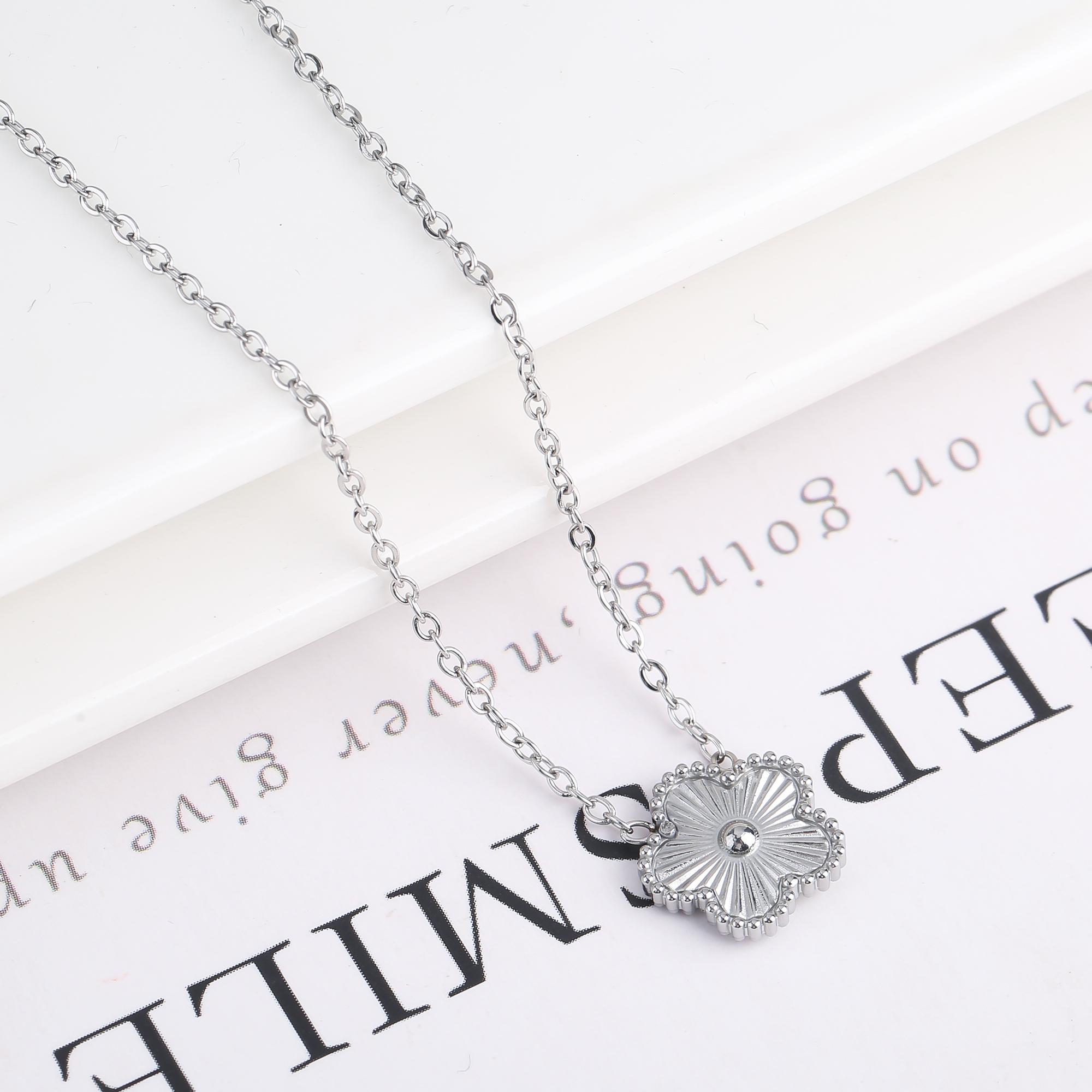 Plum Blossom Metal Laser Five Leaf Flower Bracelet Necklace Earrings for Women Gift Fashion Stainless Steel Clover Jewelry Set