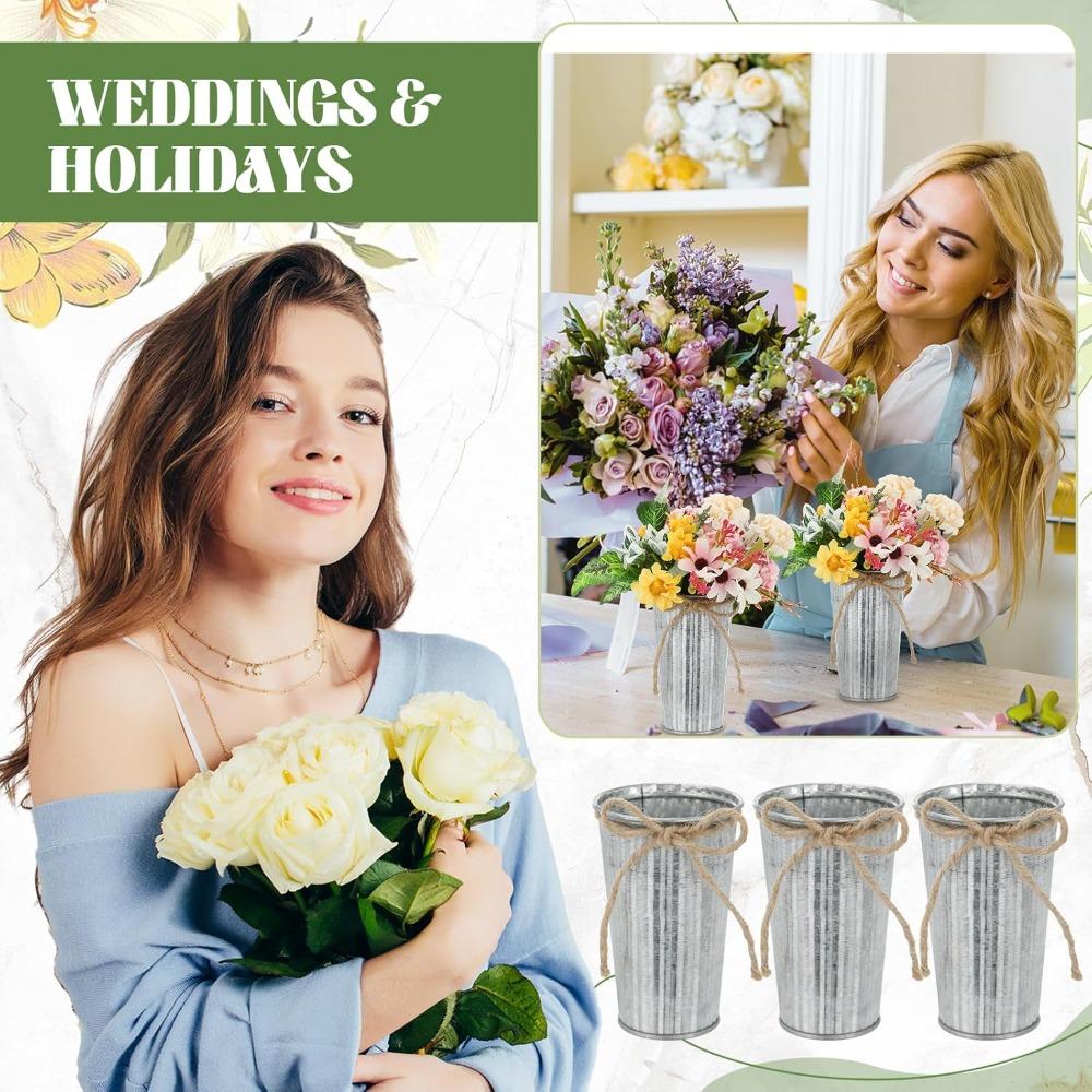 8pcs 4.33 Inch Galvanized Metal Flower Vases Bulk Small Floral Flower Bucket Rustic Vintage Farmhouse Vases for Centerpiece Country