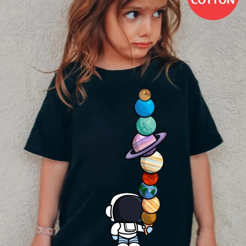 

Fashion 100% Cotton Girls Cartoon Astronaut Print T-Shirt 100cm чёрный