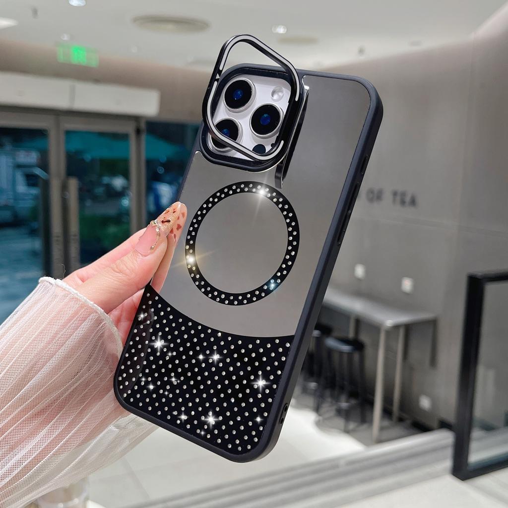 For iPhone 16 Pro Max Magnetic Case Mirror Surface TPU+PC Phone Cover with Lens Frame Kickstand