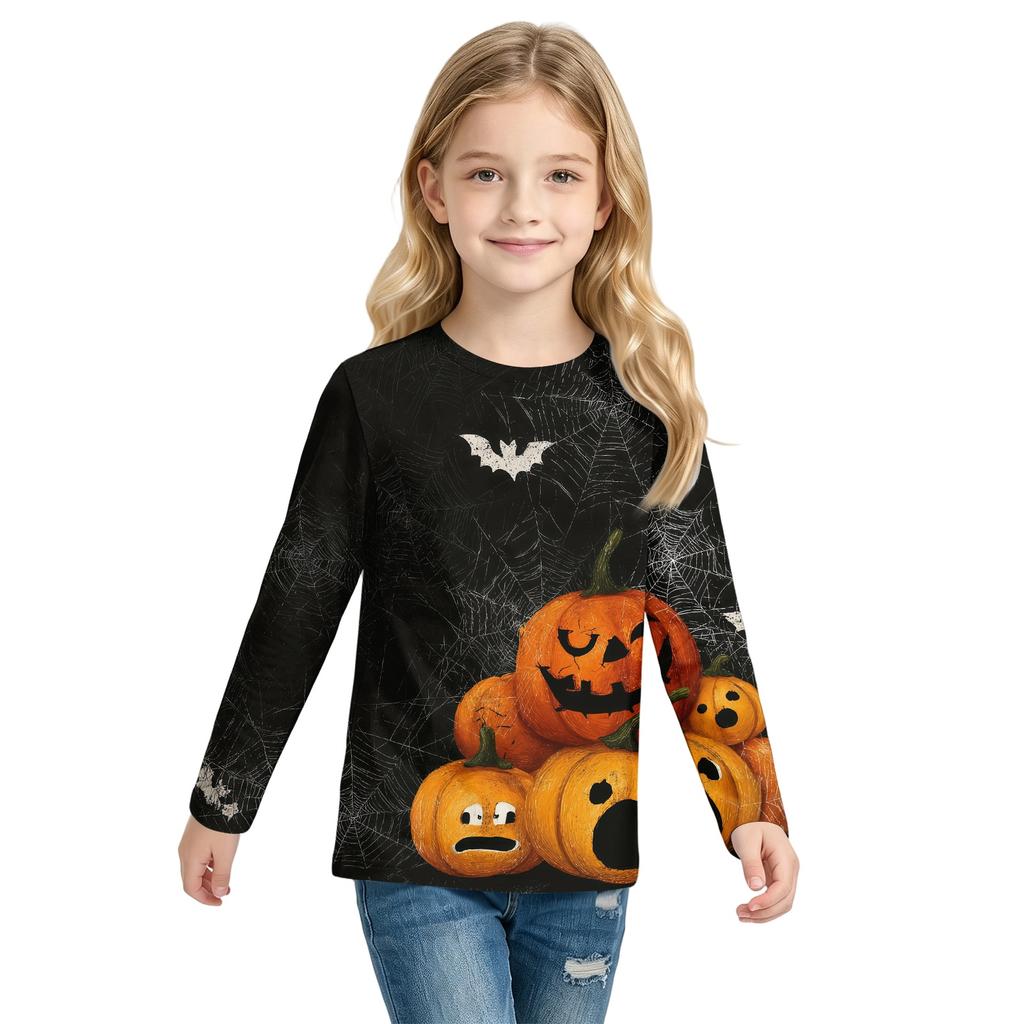 Kids Long Sleeve T-Shirt with Halloween Print, Round Neck, for Boys and Girls