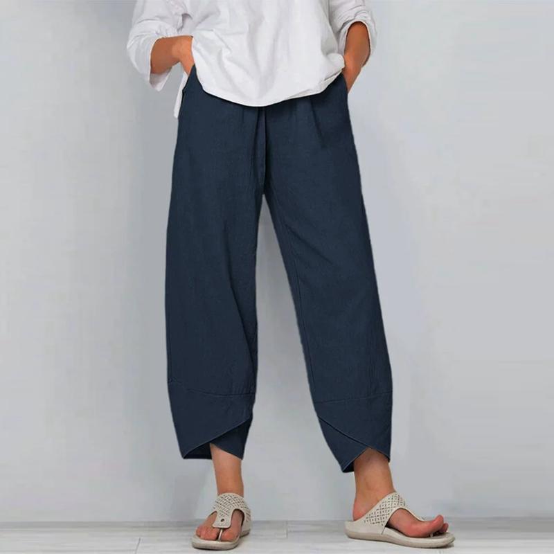 Women's Solid Color Loose Casual Cotton and Linen Elastic Waist Pants Cropped Pants Wide-leg Pants