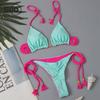 Sexy Contrasting Colors Halter String Triangle Two Piece Bikini Trendy Women's Lace-up Swimsuit Summer Separate Beach Wear