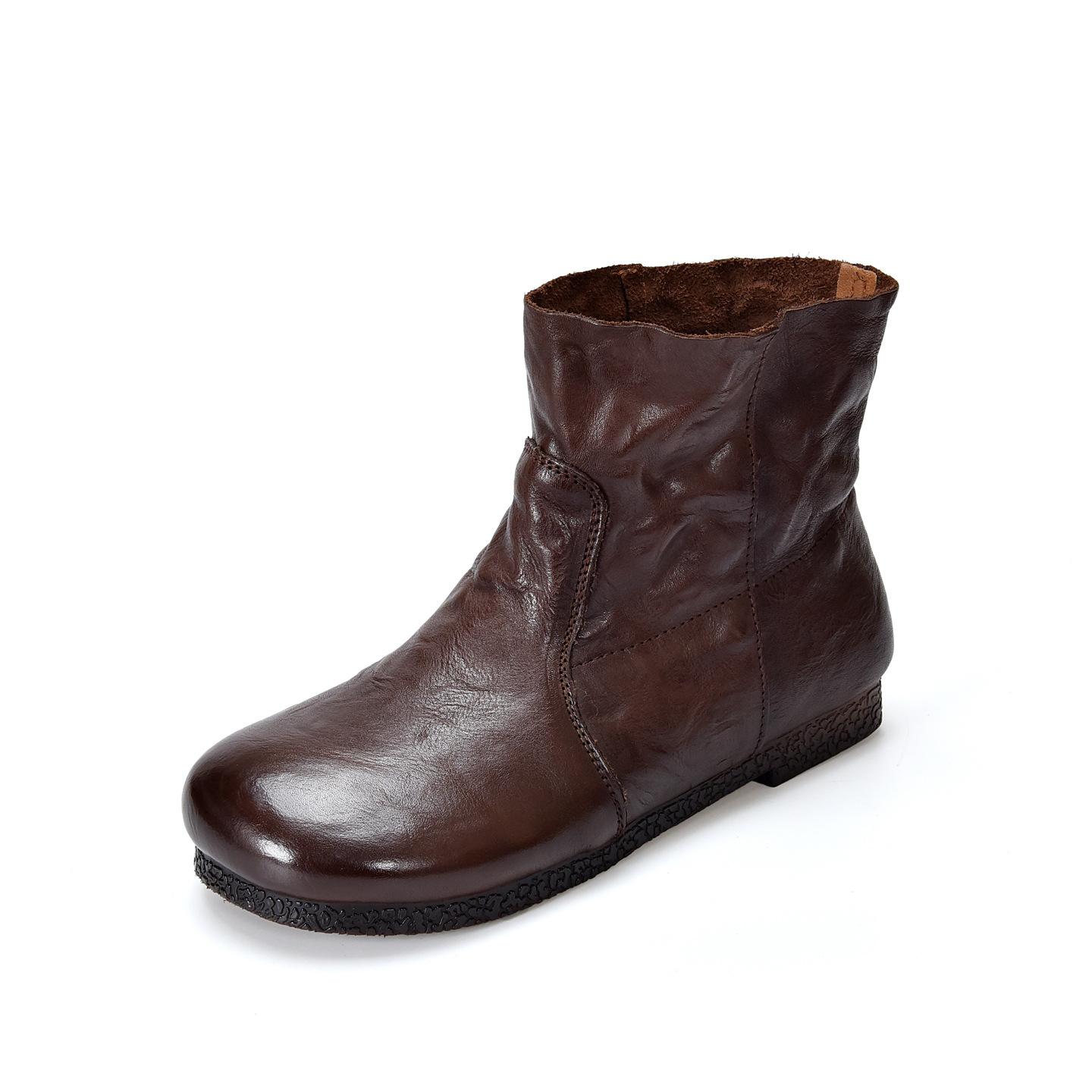 Johnature Genuine Leather Flat Slip-on Short Boots Round Toe Versatile Soft Cowhide Women s Boots 40 коричневый