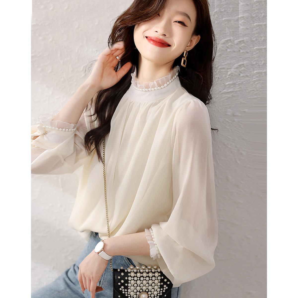 

Весенняя французская элегантная кружевная рубашка с милыми длинными рукавами L бежевый