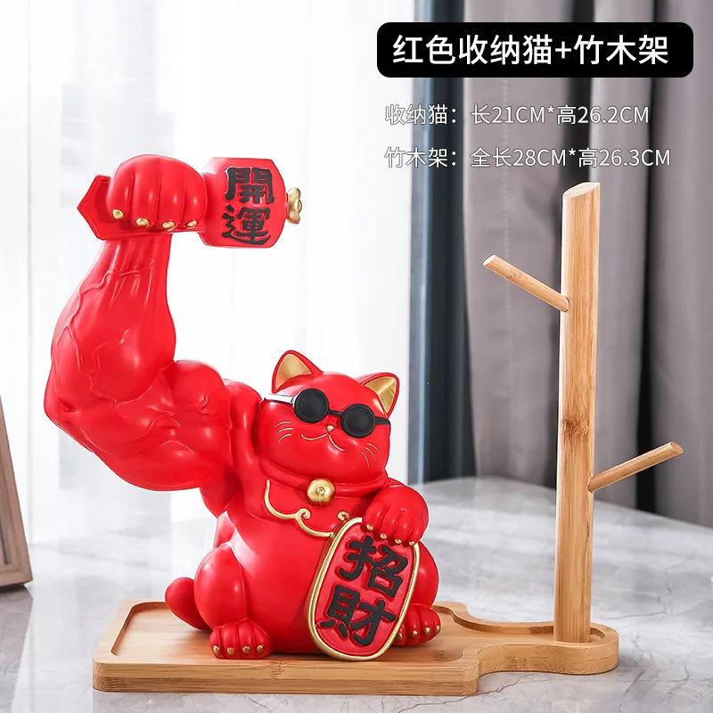 Golden Cat Figurines Muscle Arm Lucky Cat sculpture Ornaments Resin Storage Tray Storage cup holder key holder  Decoration