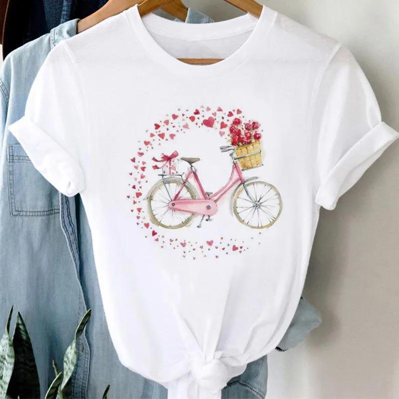 New Bicycle Flower Love Retro Loose Simple Cute Half Sleeve Short Sleeve T-shirt Woman Summer fashion polyester fabric