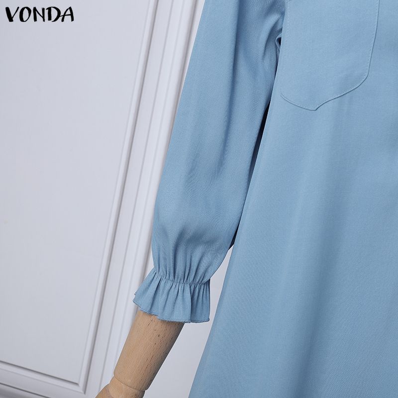VONDA Women Elegant Doll Collar Long Sleeve Casual Tunic Dress
