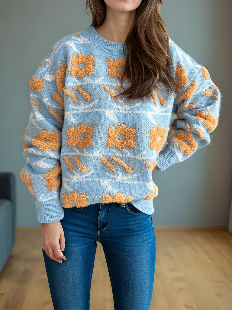 Autumn and Winter New Sweet and Cute Style Flower Jacquard Towel Embroidered Knitted Round Neck Thick Sweater for Women 3579 KTB