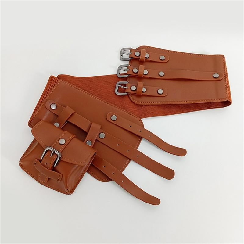 Triple Buckles Wide Waist Belt With Detachable Pouch For Women Girl Costume Accessories Corset Belt for Daily Formal