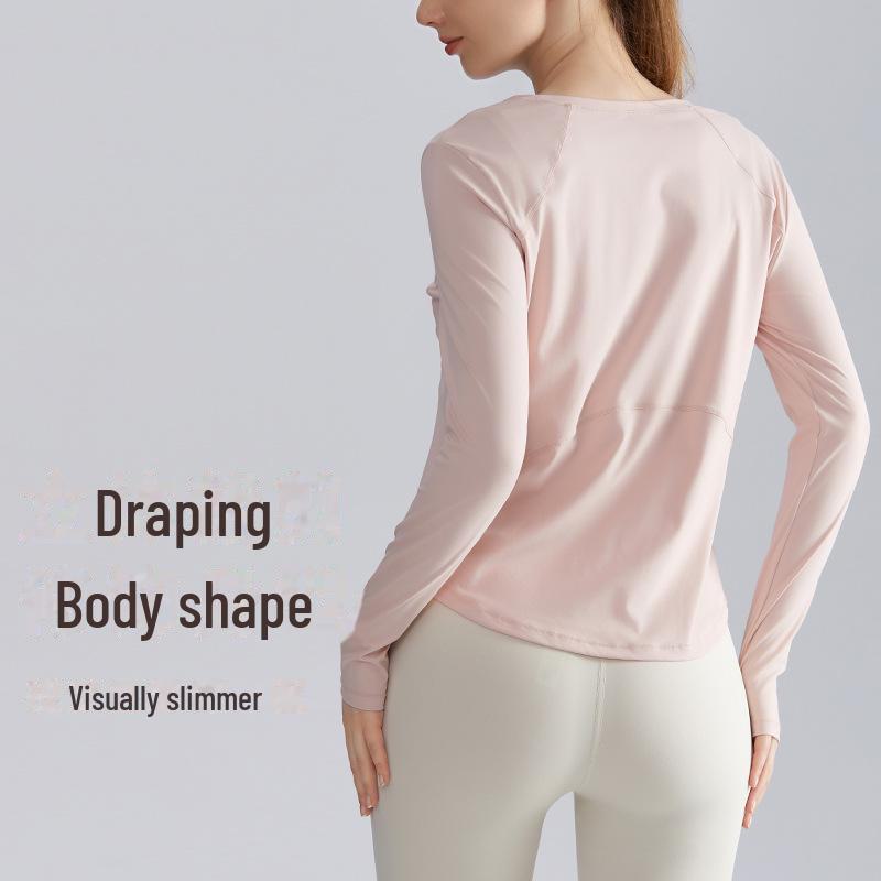 Chuandun Women's Slim Fit Quick-Dry Yoga Top - Long Sleeve, Breathable, Round Neck, Curved Hem