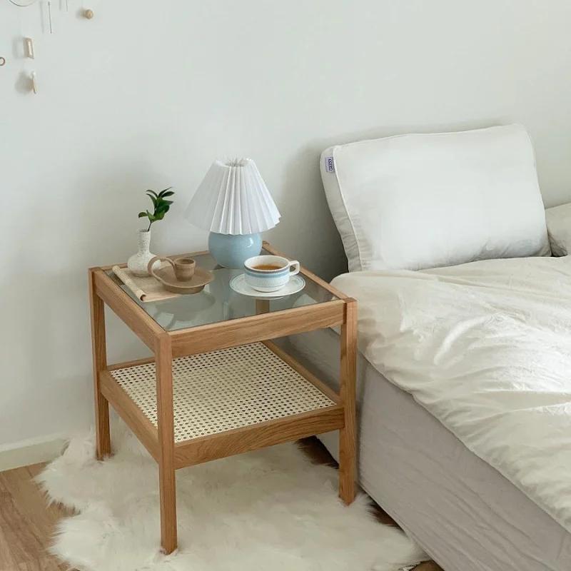 Couchtisch, Massivholz-Beistelltisch, quadratischer Korbtisch, kleiner japanischer Teetisch, quadratischer Glasschrank, koreanische Nachttische