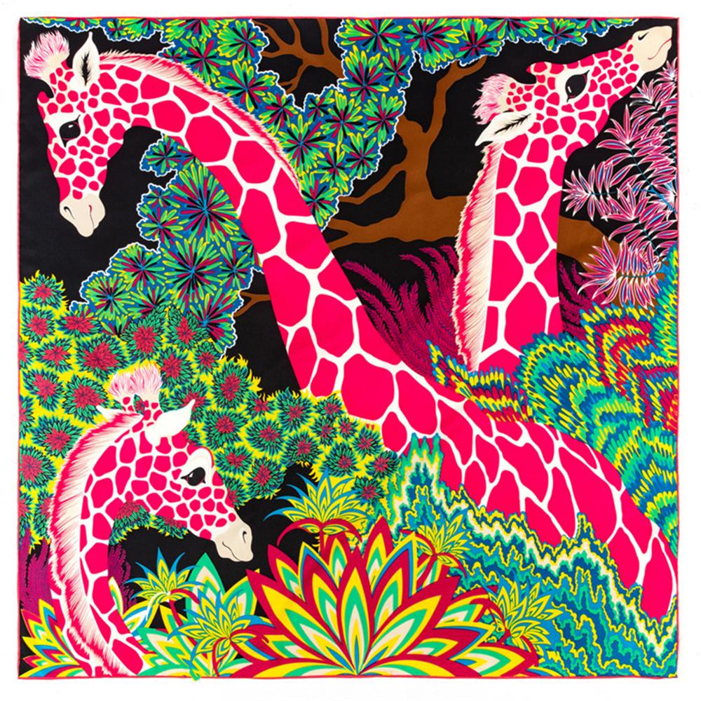 Trois Girafe Hijabs Foulard Femme Bandana Fait Main Sergé Bouclé Soie Carré Foulard de Luxe Foulards de Tête Écharpes 90Cm
