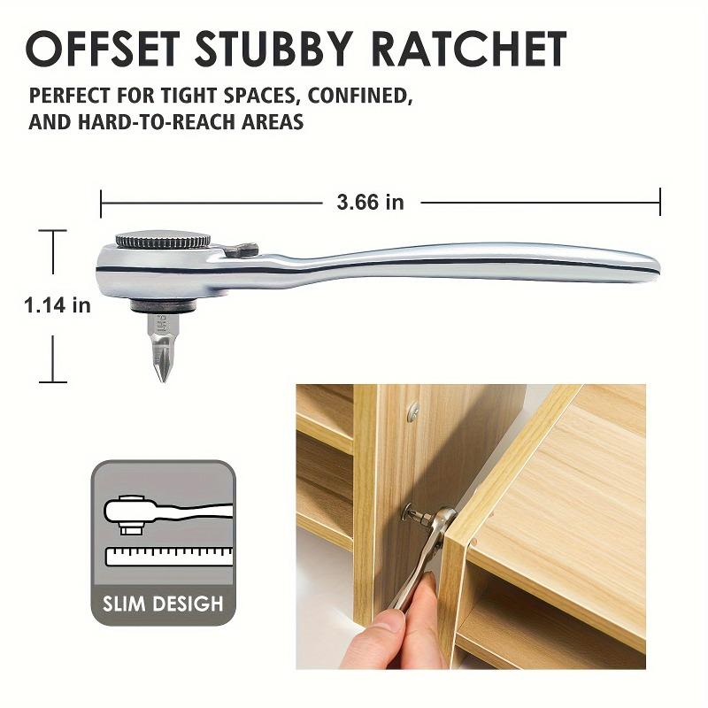 Right Angle Screwdriver 32-Piece 1/4 Inch Mini Ratchet Set Low Profile Offset Bit Set With 72-Tooth Ratcheting Wrench Stubby Ratchet