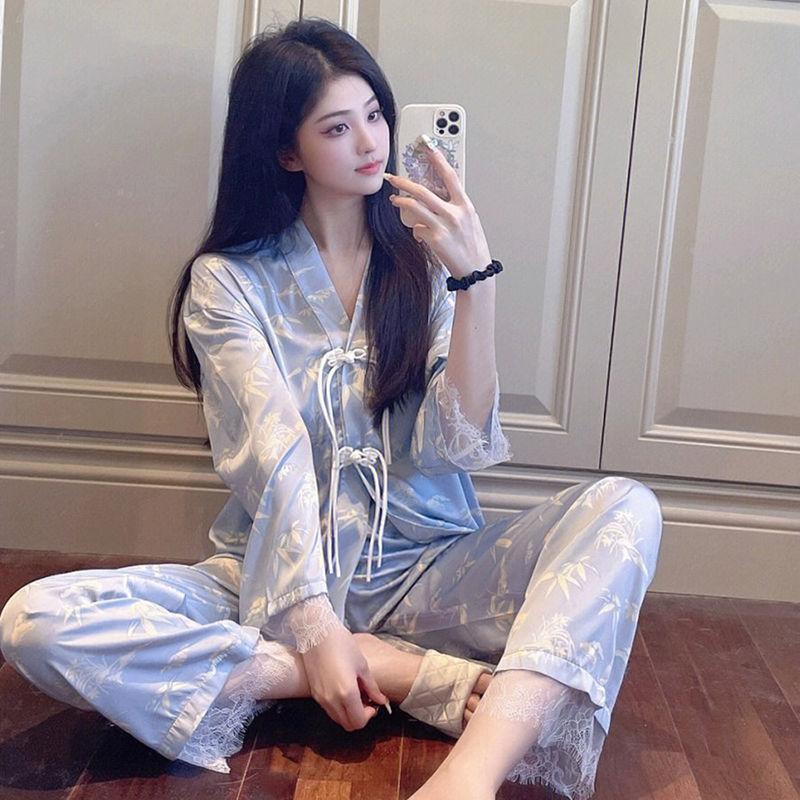 Silk Pajamas Women's Long Sleeve Tops Long Pants Silk Pajamas Two-piece Set Home Clothes Printed Korean Kawaii Clothes Pajamas