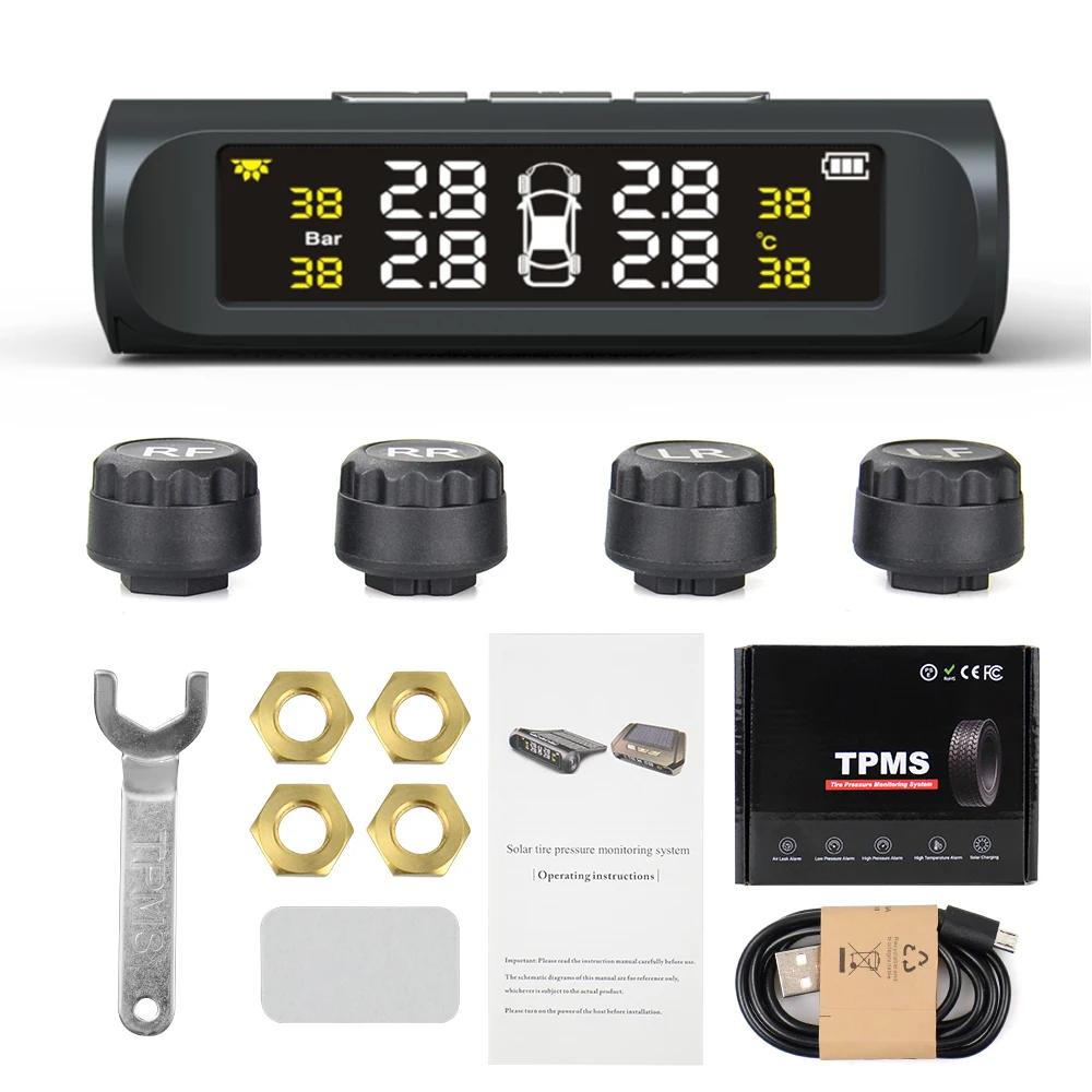 Solar TPMS Tire Pressure Monitor System 4 Sensors Real-time LCD Display USB Charging