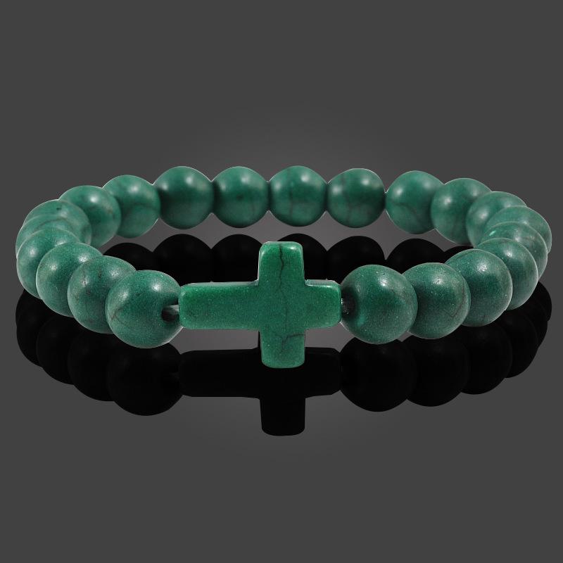 Turquoise Cross Elastic Yoga Bracelet with Black Volcanic Stone