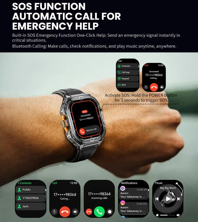 2025 New GPS Track Smart Watch Men 5ATM Waterproof 1.96"AMOLED Always Display Compass Heart Rate 530mAh Battery BT Call Smartwatch