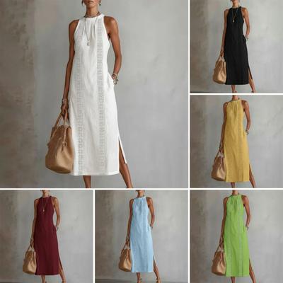 Summer Dress for Women Sleeveless Crew Neck Tunic Tank Dress Casual Loose Boho Beach Side Split Sundress