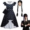 Mittwoch Addams Kleid Perücke Cosplay Kostüm für Mädchen Kinder Halloween Weihnachten Party