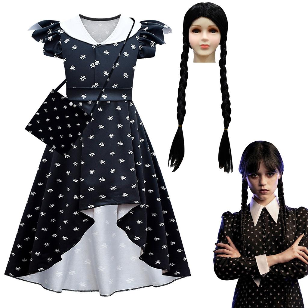 Mittwoch Addams Kleid Perücke Cosplay Kostüm für Mädchen Kinder Halloween Weihnachten Party