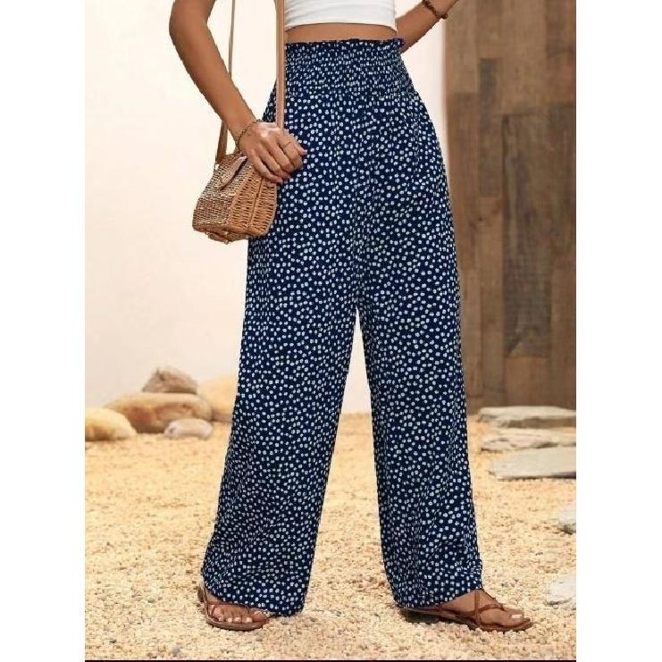 2026 New Fashion Printed Loose Pants for Women, Spring/Summer Casual Elastic Waist Trousers S синий