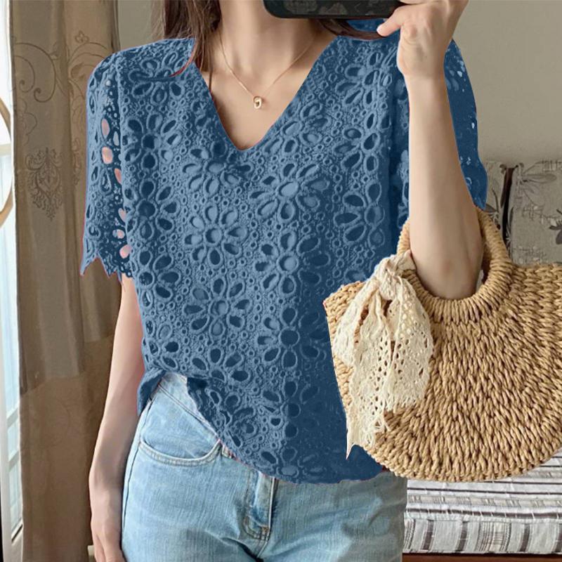 ZANZEA Women Summer V-Neck Lace Crochet Patchwork Casual Short Sleeve Blouse