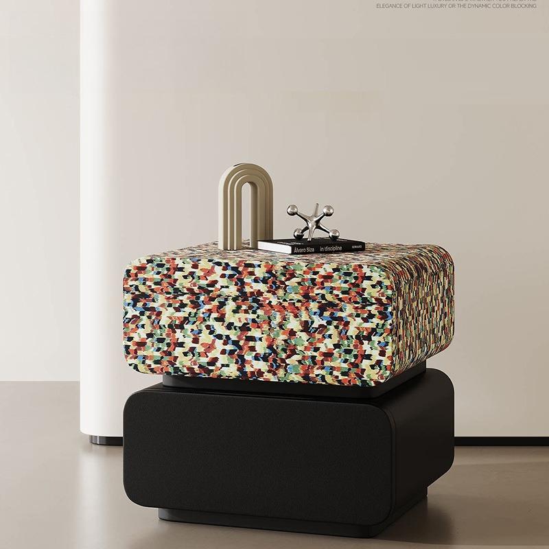 Minimalist Leather Nightstand with Rainbow Mosaic Design Solid Wood Bedside Cabinet Creative Storage for Bedroom Decor Modern