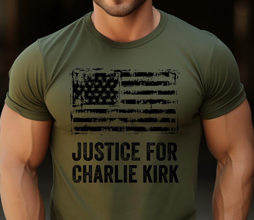 

Charlie Kirk Justice Turning Point USA American Flag Patriotic T Shirt S