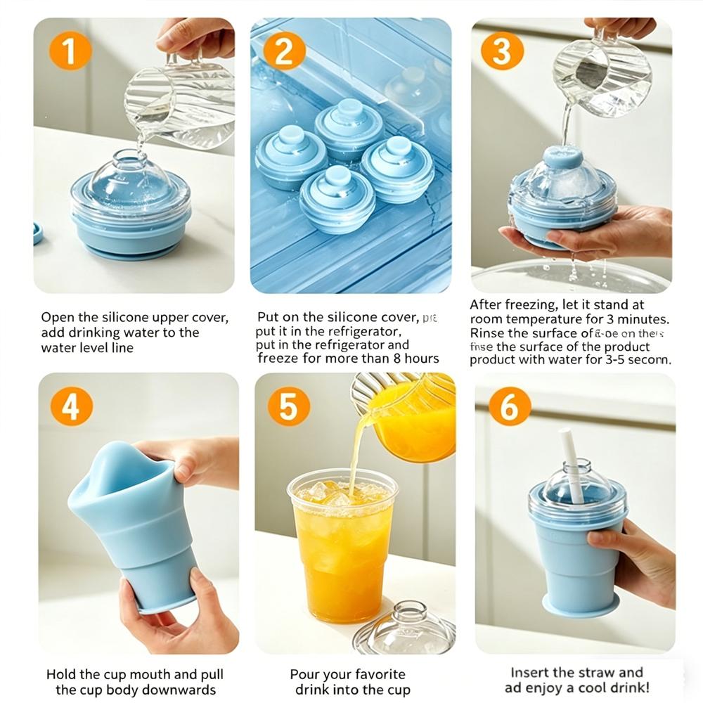 2 in 1 Ice Mold and Water Bottle Food-Grade Silicone Foldable Ice Ball Cup BPA-Free Portable Travel Tumbler for Outdoor Camping