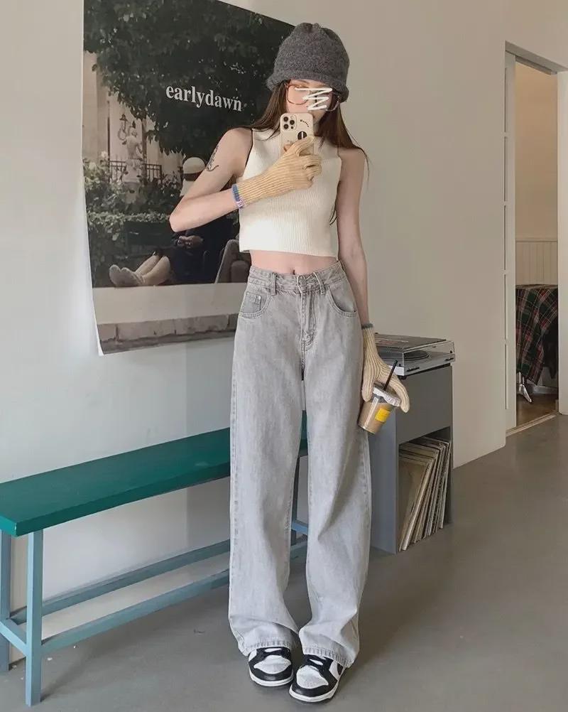 Women's High-Waist Light Gray Wide-Leg Retro Jeans