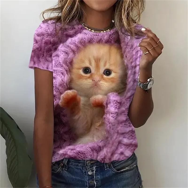 Women's T Shirts Funny 3D Kawaii Cat Print T-Shirts Fashion O-neck Short Sleeve Top Oversized Female Y2k Clothing Cute Girl Tees