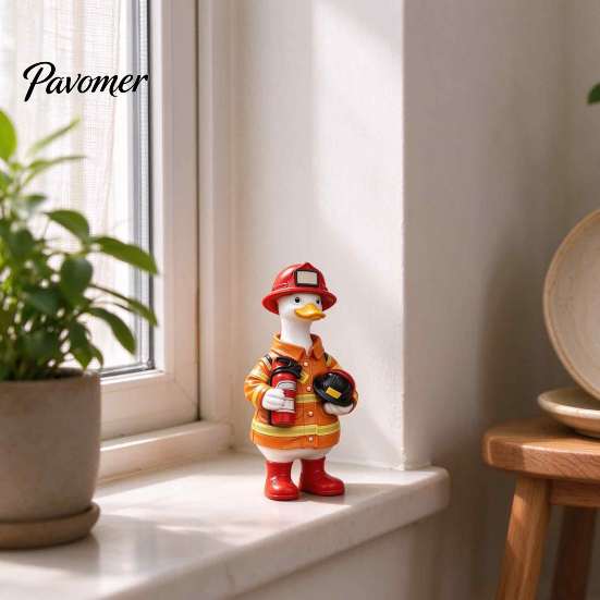 Whimsical Animal Statue Firefighter Duck Figurine, Resin for Home and Garden Decor, Decorative Piece Cute Ornament, Realistic Fireman Sculpture
